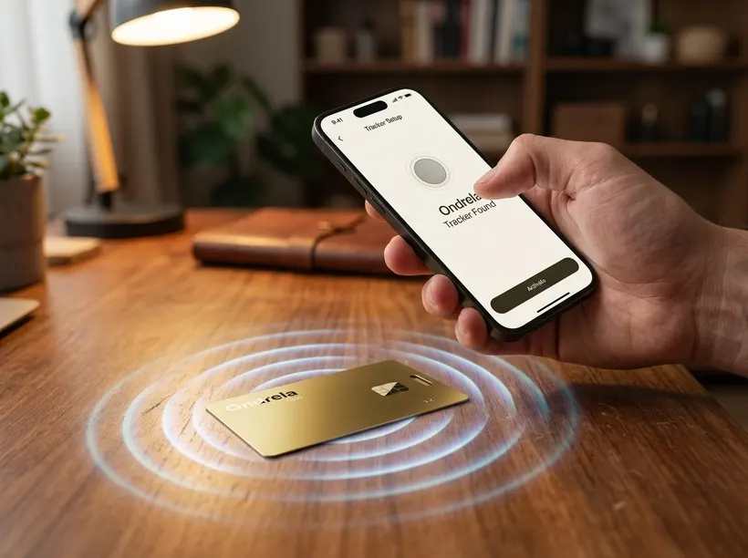 Hand hält ein Smartphone und koppelt die Ondrela-Karte auf einem Schreibtisch