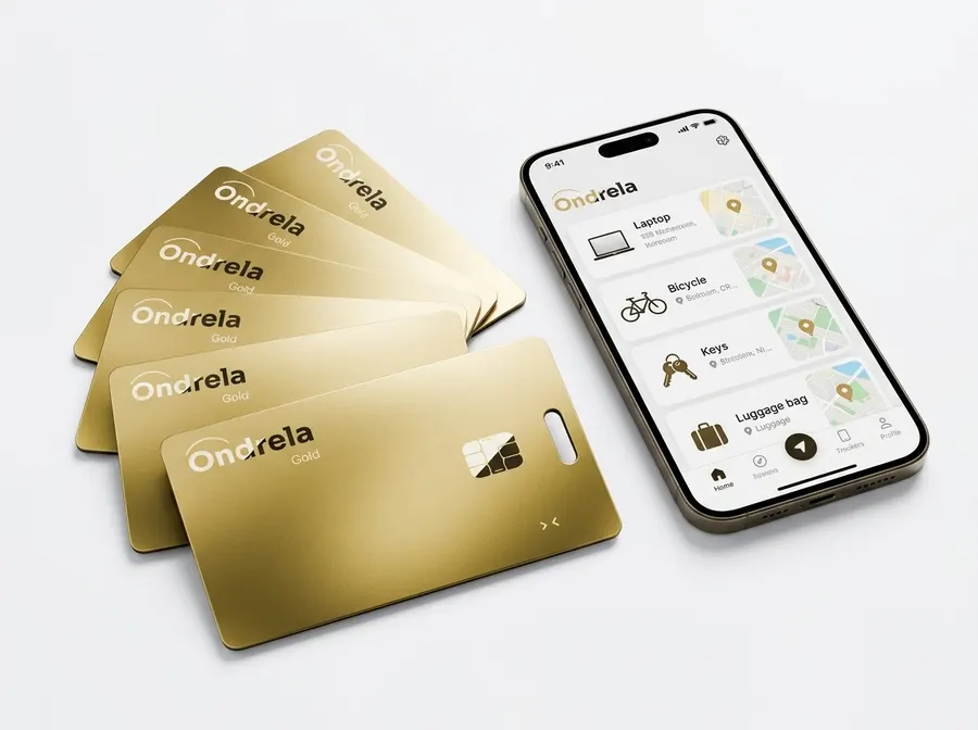 Set goldener Ondrela Tracker-Karten neben einem Smartphone mit der Tracking-App