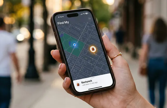 Hand hält ein Smartphone, das den Standort eines Trackers auf einer Stadtkarte zeigt